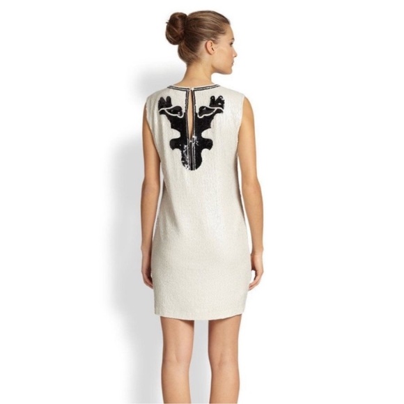 NWT BCBGMaxAzria Geri Cream Black Sequin Mini Shift Dress Size Small - Picture 2 of 11